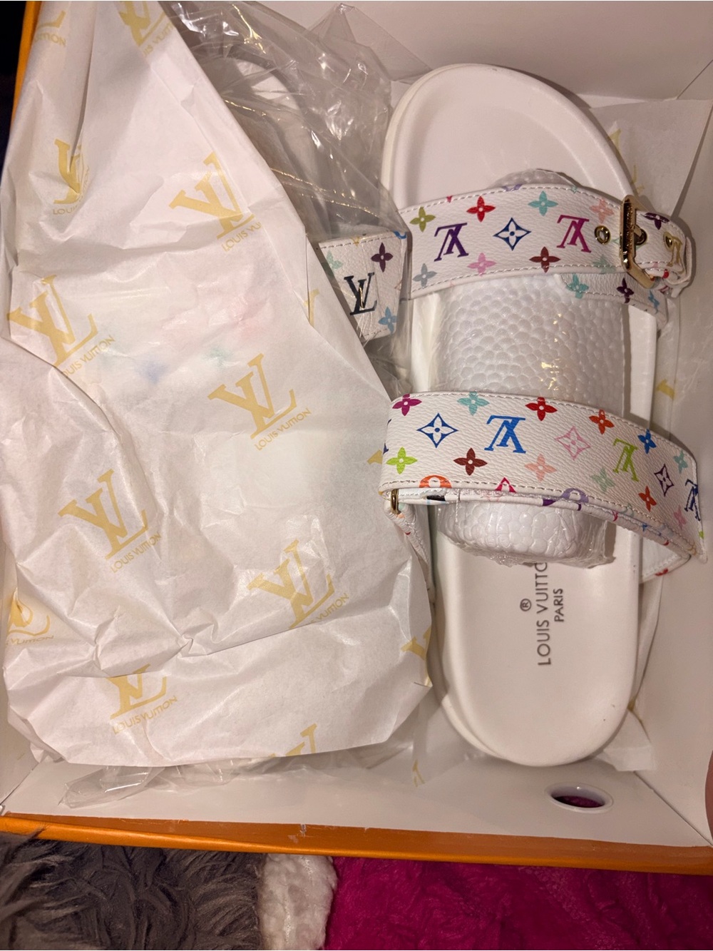 Louis Vuitton White Multicolor Monogram Slide Sandals